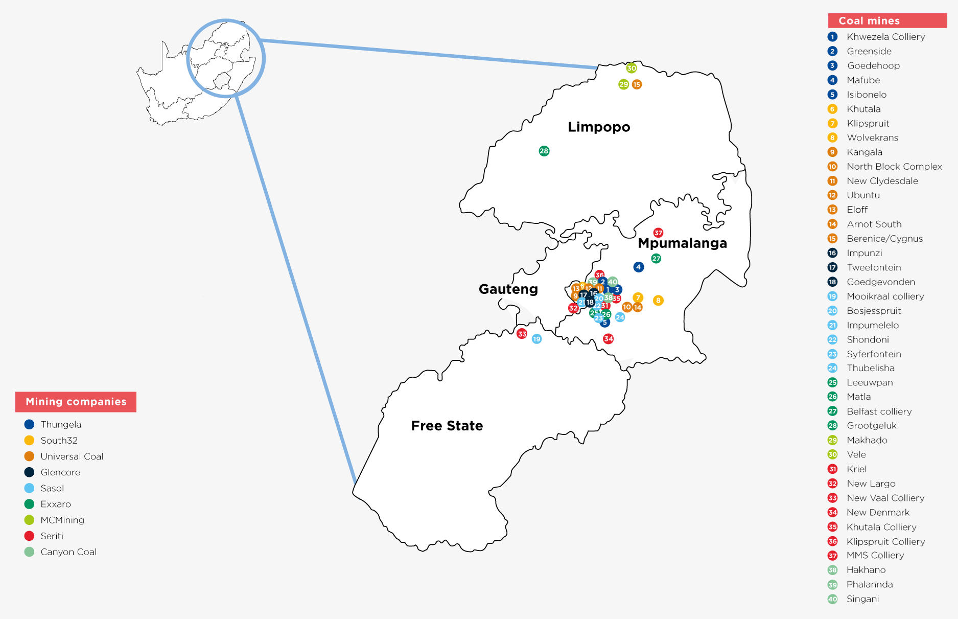 Location of coal operations, South Africa